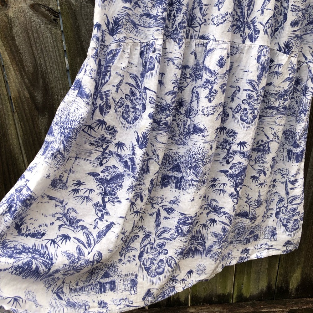 Joie 100% Linen Tropical Toile Midi Skirt Size XL Pockets Blue White Beach - Picture 13 of 15